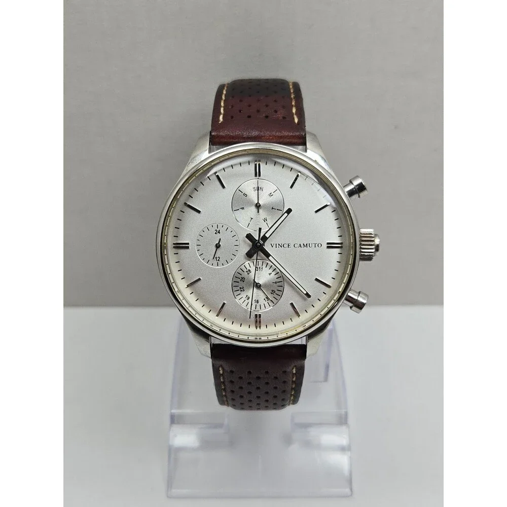 Vince Camuto Mens 42mm Watch VC1101SV Silver Tone Multi Dial Leather New Battery